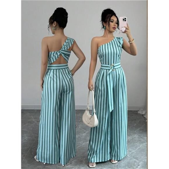 Women's Striped Shoulder Strap Belted Jumpsuit (Printed Asymmetric) - Picture 1 of 7